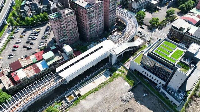 4K Aerial view of Xindian, Taiwan. Many famous buildings and canals. Metro and Subway central station.