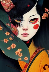 Painted portrait of Japanese cat girl with cat eyes in kimono with flowers - 536041532