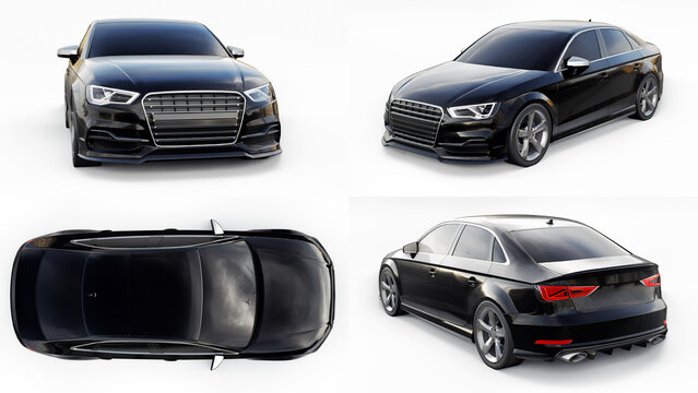 Berlin. Germany. February 2, 2021. Audi S3. Set of Super fast sports car color black metallic on a white background. Body shape sedan. Tuning is a version of an ordinary family car. 3d rendering.