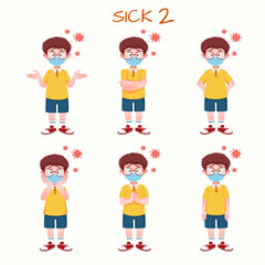 Set of kid boys showing sick expression.Vector illustration.