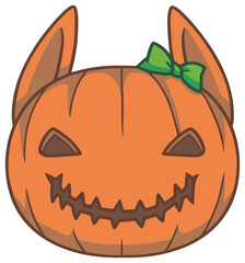 Illustration of a cute happy orange carved pumpkin with animal ears and ribbon on transparent background