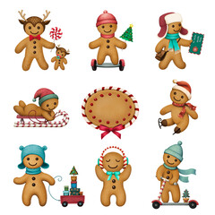 Set Cartoon cute character  Christmas Gingerbread man for Christmas or New Year holiday greeting card or wallpaper