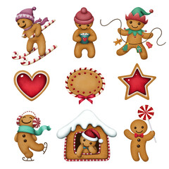 Set Cartoon cute character  Christmas Gingerbread man for Christmas or New Year holiday greeting card or wallpaper