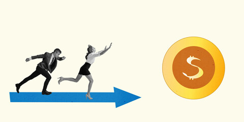 Contemporary art collage of employees running on arrow symbol to abstract goal as dollar sign, symbolizing new professional ideas. Concept of business, teem, motivation, achievement, teamwork