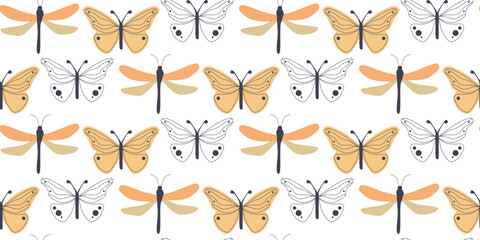 Fototapeta premium Seamless children's pattern of dragonflies and butterflies in pastel colors. Great for printing on fabric and paper.