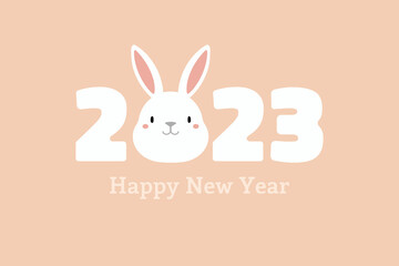 Obraz premium 2023 Lunar, Chinese, Japanese New Year kawaii funny rabbit face, typography. Cute eastern zodiac sign, symbol. Vector illustration. Flat style design. Concept for holiday card, banner, poster, decor.