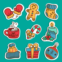 Set of vector Christmas icons. Gift, ball, candle, donut, candy, gift, hat, mittens isolated on dark background.