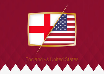England vs United States, group stage icon of football competition on burgundy background.