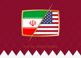 Iran vs United States, group stage icon of football competition on burgundy background.