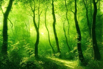 Obraz premium A scene in a deep forest. Summer forest scene. Forest in summer sunny day. Forest in summer green foliage