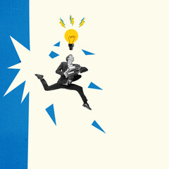 Man running with light bulb. Idea, innovation, creativity, solution concept. Businessman having a...