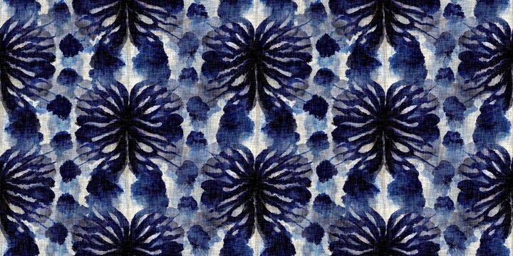 Summer indigo bandana dyed motif seamless border pattern. Fashion blur bleed endless trim ribbon edge for beach wear. Masculine shirt tie dye effect. Repeat woven textile banner.
