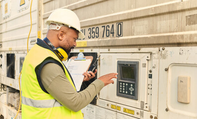 Logistics, supply chain and security with a man shipping professional using a keypad password on on a commercial container dock. Documents, delivery and storage with a male courier at work with stock