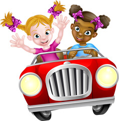 Cartoon Girl Characters Driving Car