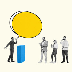 Contemporary art collage. Man with megaphone shouting in speech bubbles for copy space. Concept of...