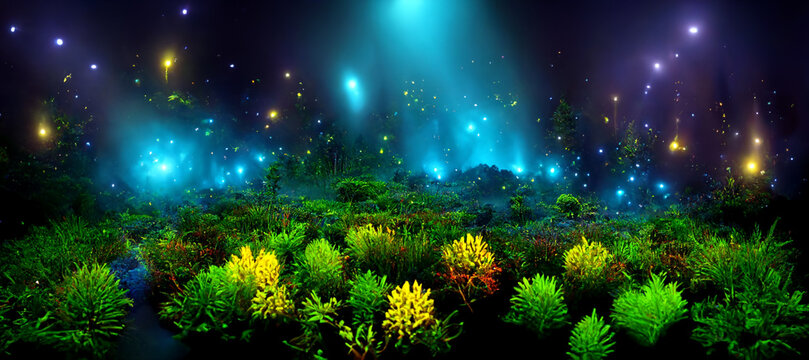 Wonderful fantasy magical bio luminescent forest with mossy mushrooms background. 3D rendering
