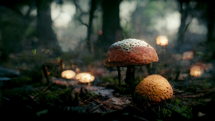 Ultra detailed 3D mushrooms in the jungle background. 3D illustration