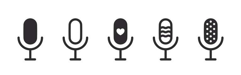 Microphone icons. Microphones with different icons. Podcast microphone signs. Vector icons
