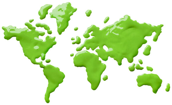 Green paint splashes forming shapes of planet Earth continents isolated, environmental ecology concept