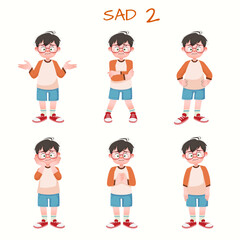 Set of kid boys showing sad expression.Vector illustration.