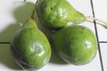 three unripe avocados on the floor