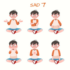 Set of kid boys showing sad expression.Vector illustration.
