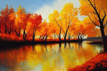 Autumn river mountains oil painting Sunny abstract autumn landscape at dawn The author's painting a quick sketch from nature Vertical composition Layout for creative design Golden Autumn concept