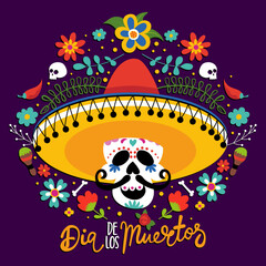 día de los muertos, Day of the Dead in Mexico - Halloween quote on white background with beautiful Mexican sugar skull.  Good for t-shirt, mug, home decoration, gift, printing press. Holiday quote. 