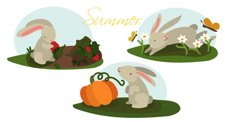 A set of illustrations for three months of summer with rabbits in different situations. Pictures for children's illustrations for books, manuals. Printed products postcard.