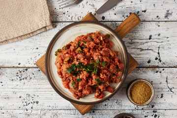 Lobio - mashed red beans with spices, flatlay