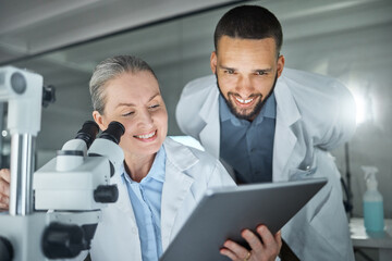 Laboratory collaboration, microscope or tablet in science data analysis, medical innovation help or...