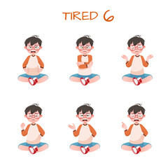 Set of kid boys showing tired expression.Vector illustration.