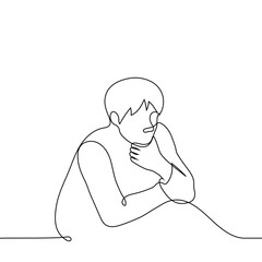 man sits propping his chin with his hand, isometric view - one line drawing vector. concept of reflection