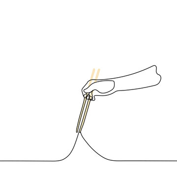 Hand With Chopsticks - One Line Drawing Vector. Concept Eat With Chopsticks, Eat Asian Food