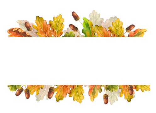 frame banner horizontal of autumn oak leaves watercolor