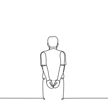 recommend clip art: man stands with his back to the viewer in handcuffs behind his back - one line drawing vector. concept prisoner, hostage, arrested