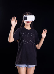 A young woman wearing VR goggles