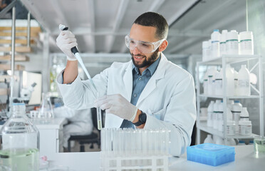 Scientist using test tube in lab for science, research and medicine. Portrait of man doing test in...