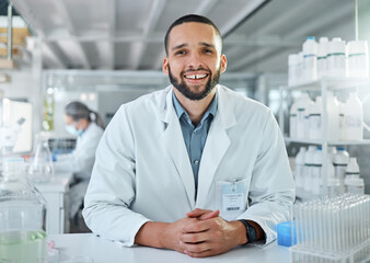 Research, science and innovation scientist portrait for trust, healthcare, pharmaceutical or medical drugs test laboratory. Young, professional biotechnology expert experience in medicine or vaccine