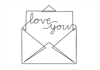Continuous one line drawing of envelope with inscription"love you".Mail icon concept. Concept of birthday, valentine's day. Continuous one line drawing. 