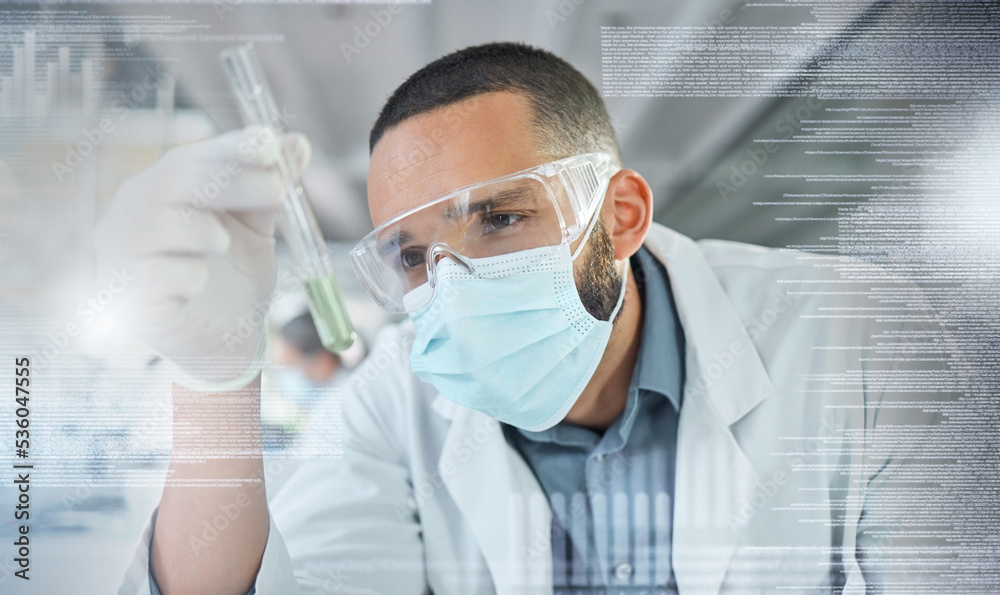 Poster Covid, science and research with a man engineer holding a vial while working on innovation and development in a lab with overlay. Analytics, data and sample with a scientist at work in a laboratory
