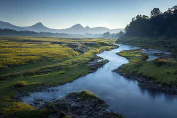 Obraz premium Gorgeous view of green mountain and river with blue sky and crystal clear water background. 3D illustration