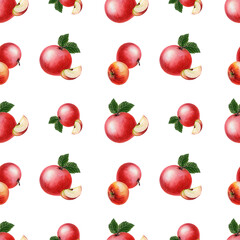 Red apples with piece,green leaves on a white background.