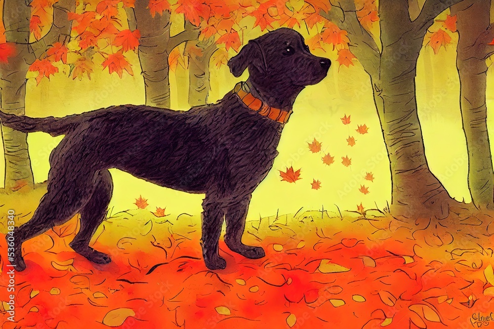 Poster Cute adorable healthy happy dog in autumn woods.