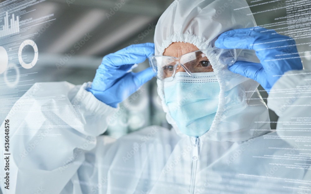 Poster Scientist, data and 3D animation at work with graph, chart and analytics. Science, hologram and technology reading information for research with glasses, holographic display and ppe for covid risk
