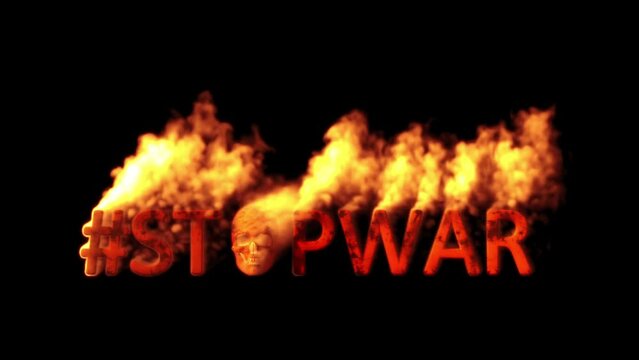 Text stopwar with man skull burning on black bg, isolated - loop video