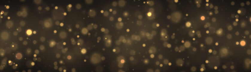 Blur yellow sparks and glitter special light effect. Fine, shiny bokeh dust particles fall off slightly. Defocused golden sparkle, stars and blurry spots. Magical gold flickering lights. Vector.