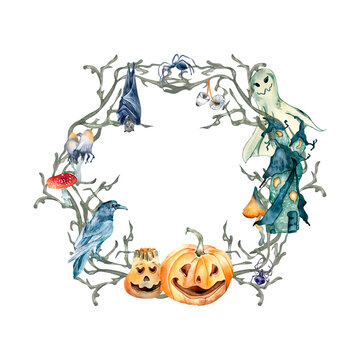Circle frame with Halloween symbol watercolor illustration isolated on white.