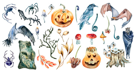Obraz premium Set of Halloween symbols watercolor illustration isolated on white background.