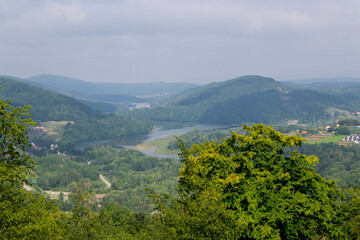 Water reservoir solina with a view of the dam. Solina Lake and Dam. Subcarpathia, Poland. High quality photo